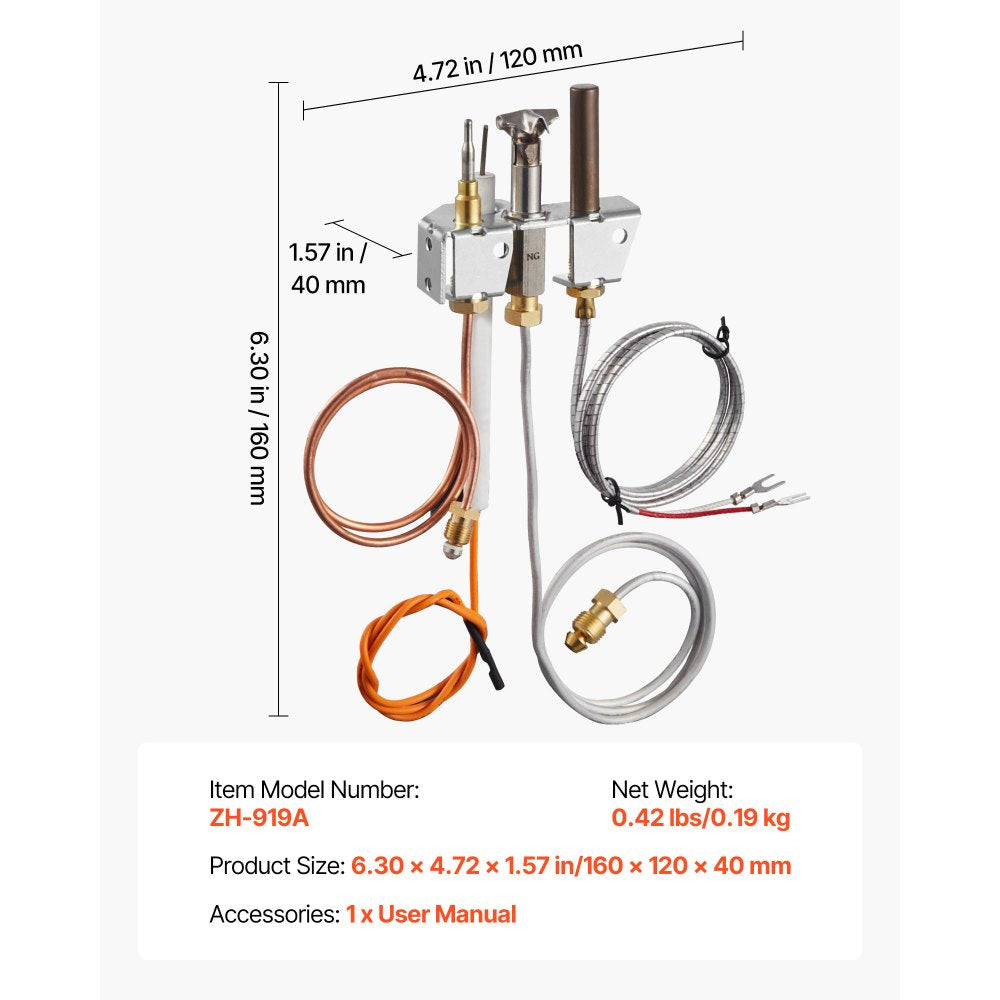 VEVOR Gas Pilot Assembly, OE 4021-732, 25660 Fireplace Gas Pilot Assembly, Natural Gas Ignition Replacement with Pilot Tube, Thermocouple, Thermopile, Wires, Compatible with Heatilator Models