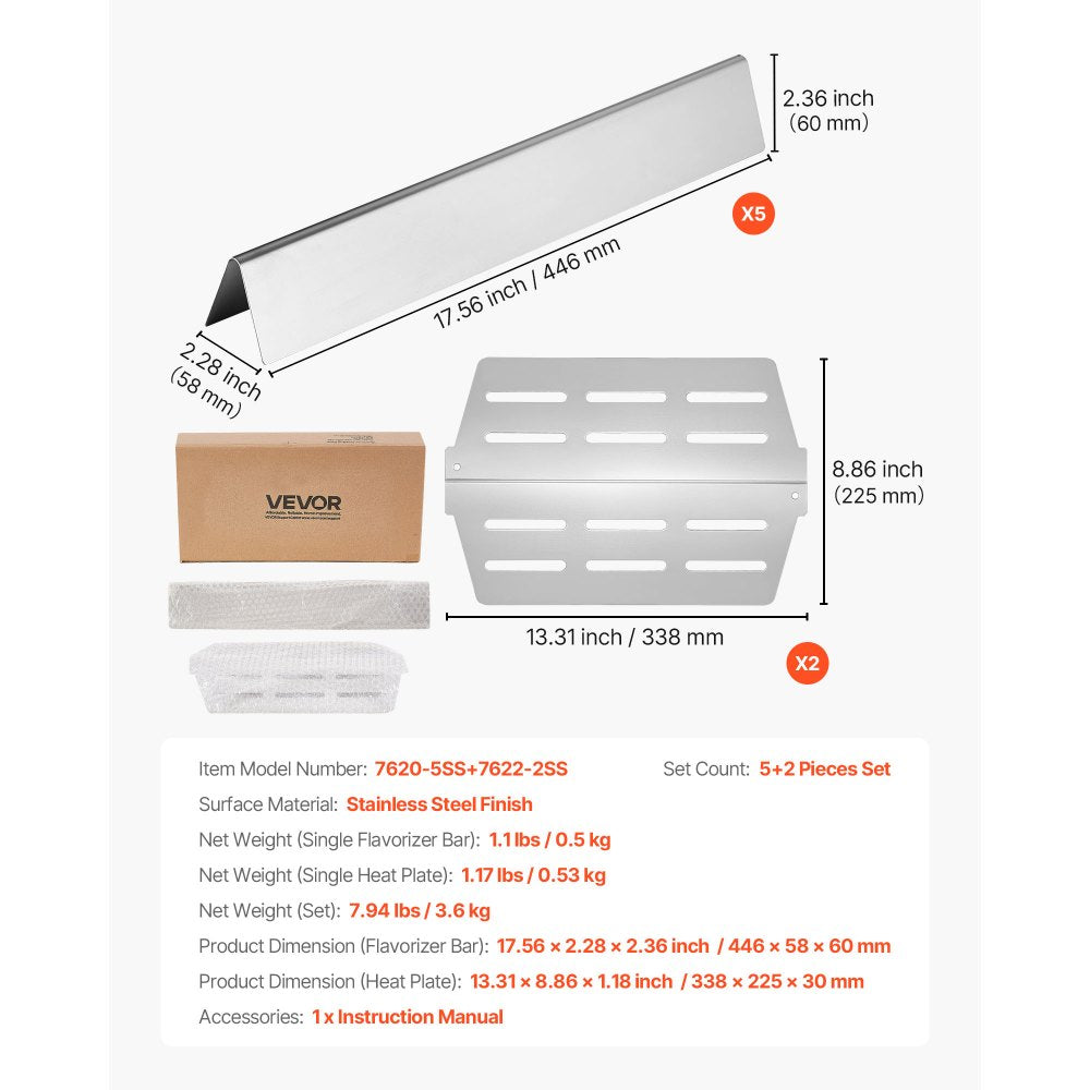 VEVOR Flavorizer Bars and Heat Deflectors, 17 inch Grill Replacement Part, for Weber Genesis 300 Series Grills, Including E310 E320 E330 S310 S320 S330, Stainless Steel Thicker Heat Plate, 7 Pack
