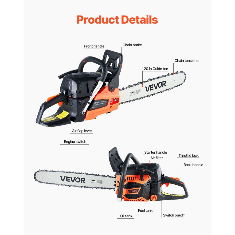 VEVOR 62 cc Gas Chainsaw, 20 inch Gas Powered Chainsaw, 3.8 HP Power Chain Saw with Non-Slip Handle, Gas-Powered Chainsaws with Dual Fuel Tanks, For Wood Cutting, Tree Trimming, and Land Clearing
