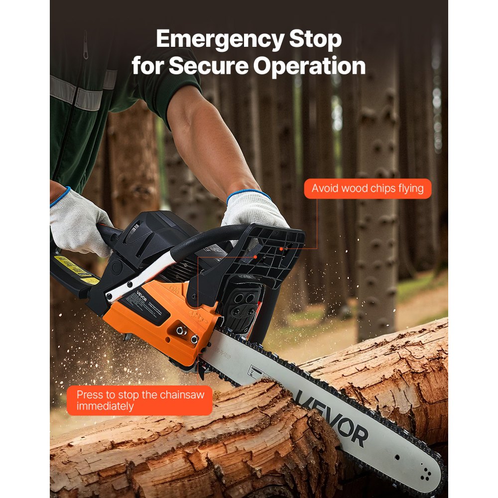 VEVOR 62 cc Gas Chainsaw, 20 inch Gas Powered Chainsaw, 3.8 HP Power Chain Saw with Non-Slip Handle, Gas-Powered Chainsaws with Dual Fuel Tanks, For Wood Cutting, Tree Trimming, and Land Clearing
