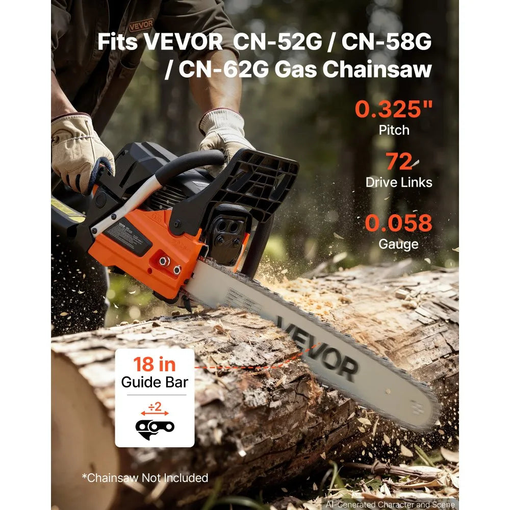 VEVOR Bar & Chainsaw Chain Combo 18" .325" Pitch .058" Gauge 72 Drive Links, Fits VEVOR CN-52G / CN-58G / CN-62G Gas Chainsaw, Alloy Steel, Replacement Guide Bar & Saw Chain with Sharp Cutter Teeth