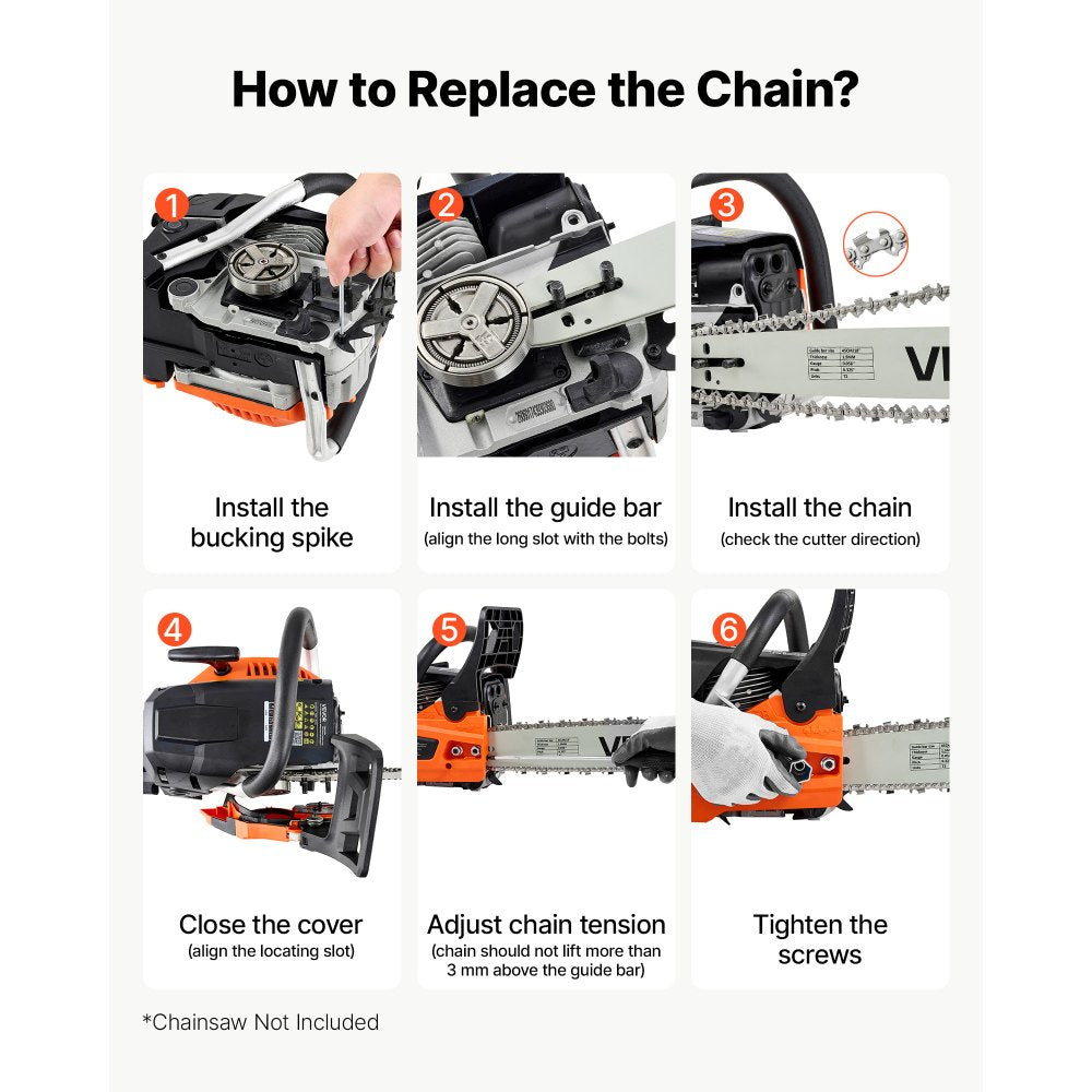 VEVOR Bar & Chainsaw Chain Combo 18" .325" Pitch .058" Gauge 72 Drive Links, Fits VEVOR CN-52G / CN-58G / CN-62G Gas Chainsaw, Alloy Steel, Replacement Guide Bar & Saw Chain with Sharp Cutter Teeth