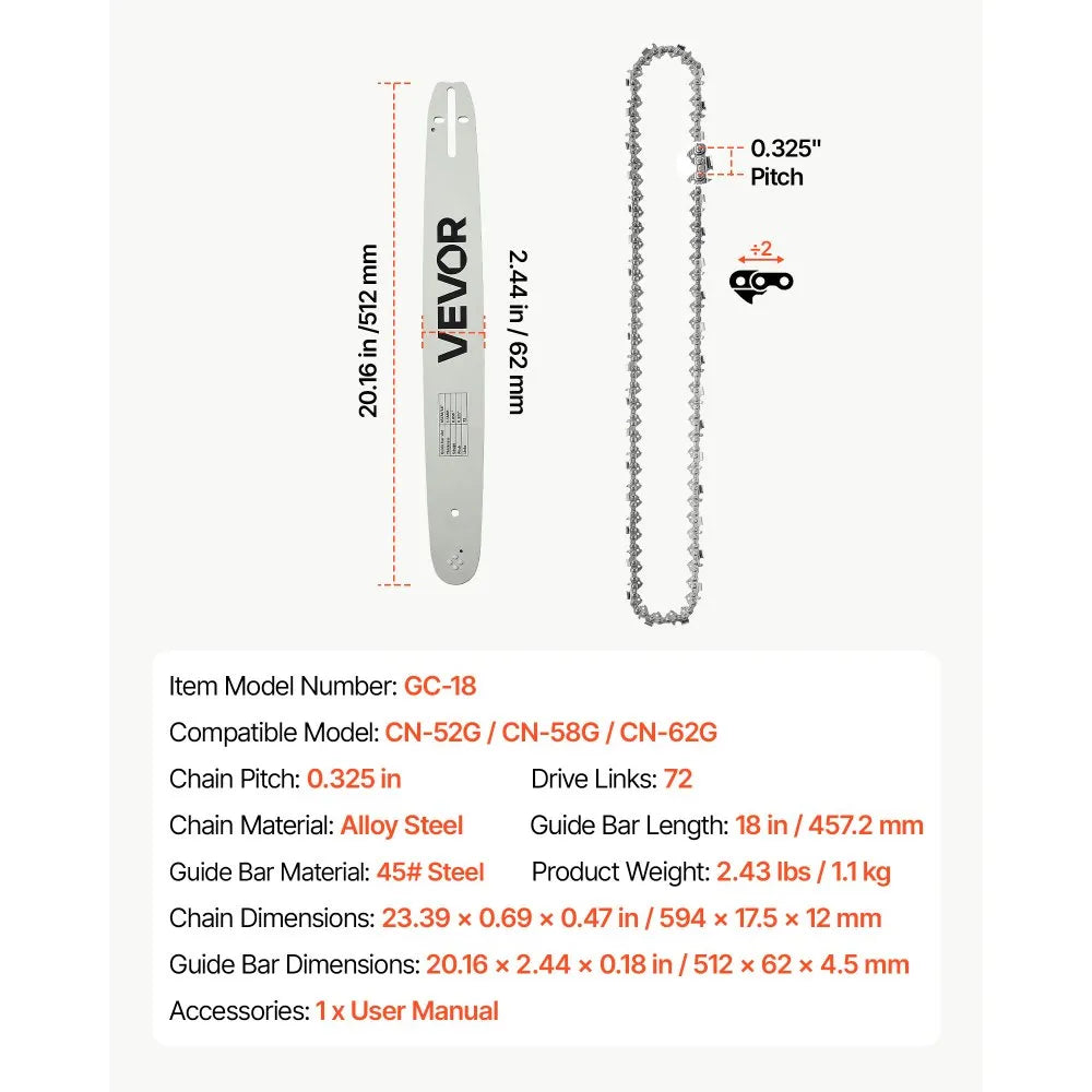 VEVOR Bar & Chainsaw Chain Combo 18" .325" Pitch .058" Gauge 72 Drive Links, Fits VEVOR CN-52G / CN-58G / CN-62G Gas Chainsaw, Alloy Steel, Replacement Guide Bar & Saw Chain with Sharp Cutter Teeth