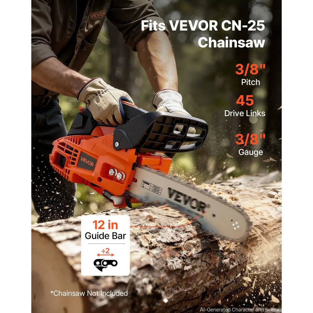 VEVOR Bar & Chainsaw Chain Combo 12" 3/8" Pitch 3/8" Gauge 45 Drive Links, Fits VEVOR CN-25 Gas Chainsaw, Forged Alloy Steel, Replacement Guide Bar & Saw Chain with Sharp Cutter Teeth & Tie Straps