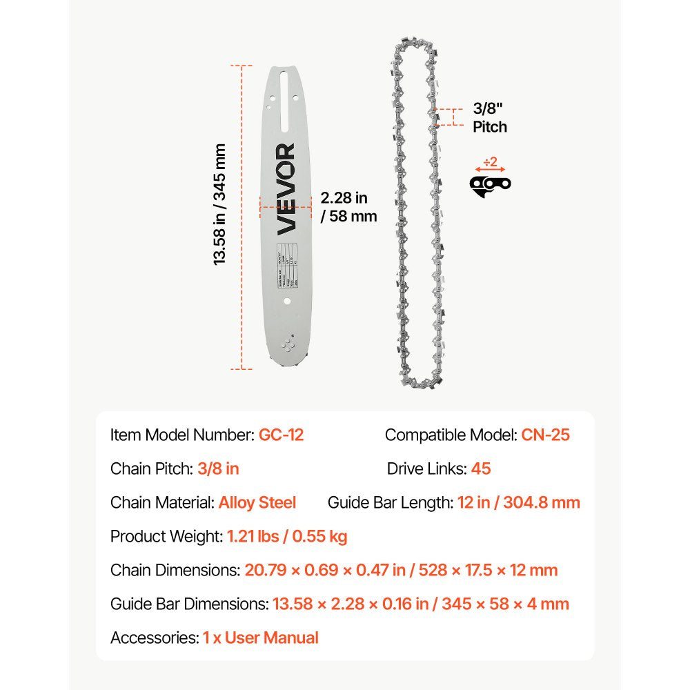 VEVOR Bar & Chainsaw Chain Combo 12" 3/8" Pitch 3/8" Gauge 45 Drive Links, Fits VEVOR CN-25 Gas Chainsaw, Forged Alloy Steel, Replacement Guide Bar & Saw Chain with Sharp Cutter Teeth & Tie Straps