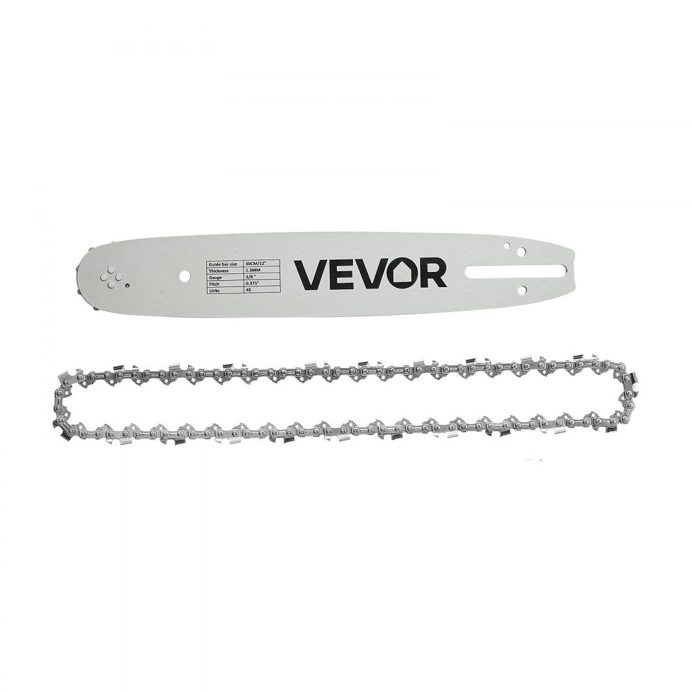 VEVOR Bar & Chainsaw Chain Combo 12" 3/8" Pitch 3/8" Gauge 45 Drive Links, Fits VEVOR CN-25 Gas Chainsaw, Forged Alloy Steel, Replacement Guide Bar & Saw Chain with Sharp Cutter Teeth & Tie Straps