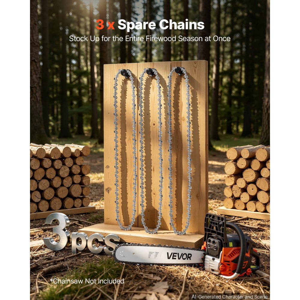VEVOR Chainsaw Chain 3 Pack 20 Inch 0.325" Pitch 0.058" Gauge 76 Drive Link, Fits VEVOR CN-58G / CN-62G Gas Chainsaw, Forged Alloy Steel, Replacement Saw Chains with Sharp Cutter Teeth & Tie Straps