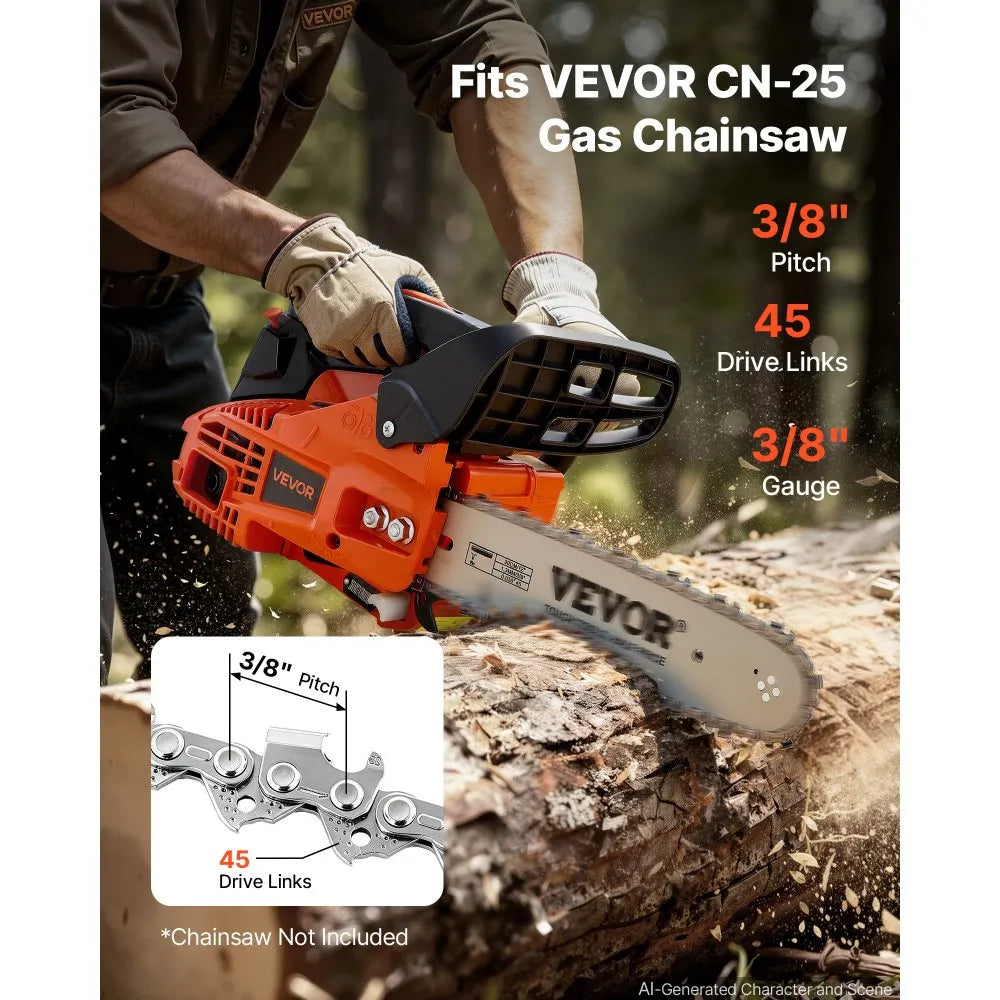 VEVOR Chainsaw Chain 3 Pack 12 Inch 3/8" Pitch 3/8" Gauge 45 Drive Links, Fits VEVOR CN-25 Gas Chainsaw, Forged Alloy Steel, Replacement Saw Chains with Sharp Cutter Teeth & Wear-Resistant Tie Straps