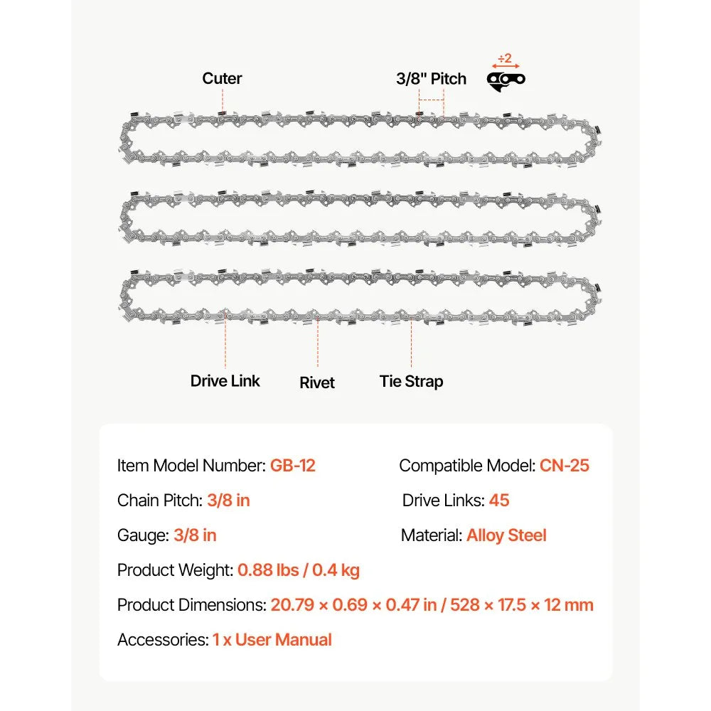 VEVOR Chainsaw Chain 3 Pack 12 Inch 3/8" Pitch 3/8" Gauge 45 Drive Links, Fits VEVOR CN-25 Gas Chainsaw, Forged Alloy Steel, Replacement Saw Chains with Sharp Cutter Teeth & Wear-Resistant Tie Straps