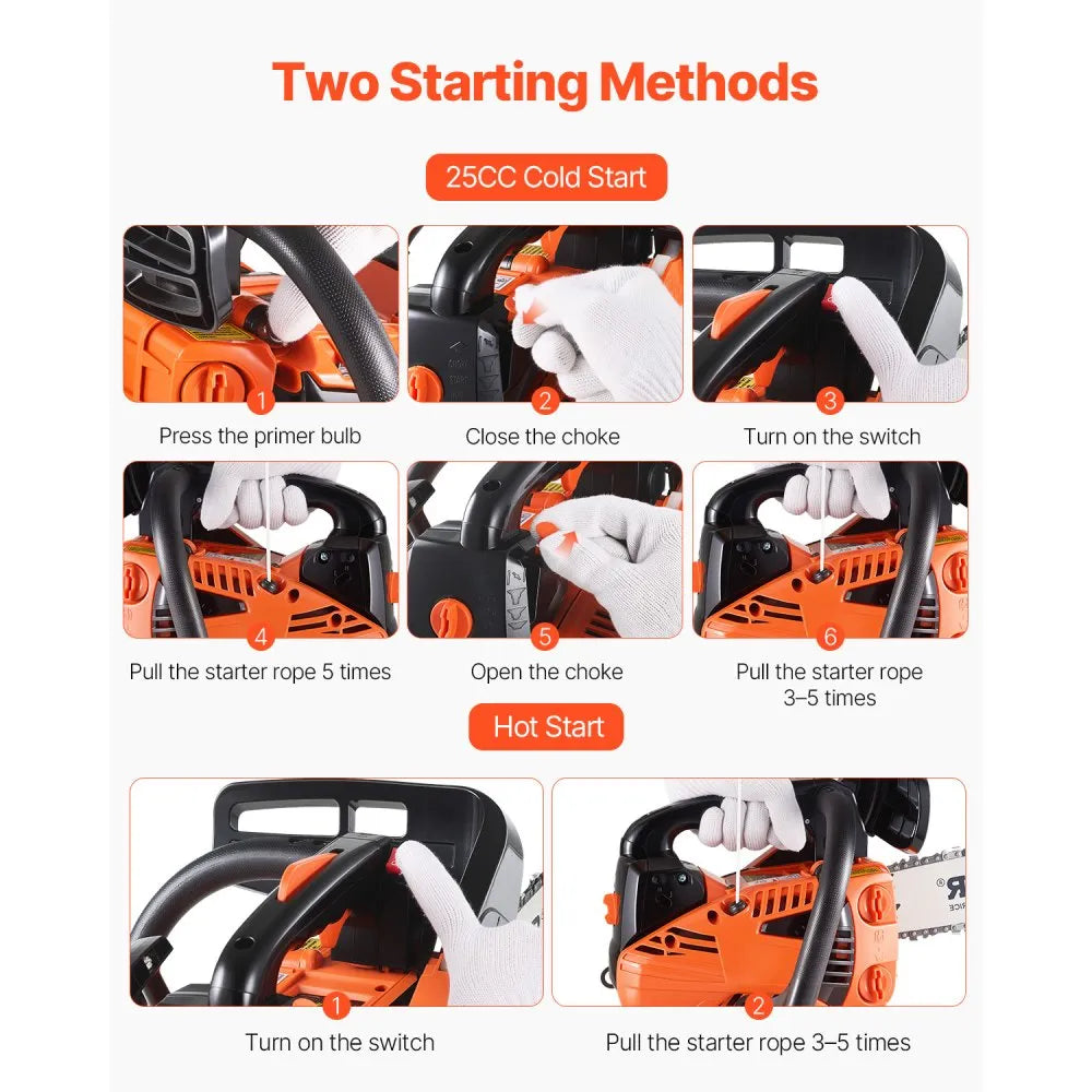 VEVOR Gas Chainsaw, 25.4CC 12" 1.2HP, Gasoline Powered Chain Saw, Handheld Cordless Petrol Chainsaws for Tree Wood Branch Cutting, Tree Trimming, Land Clearing, Farm Garden Ranch Forest Cutting Use