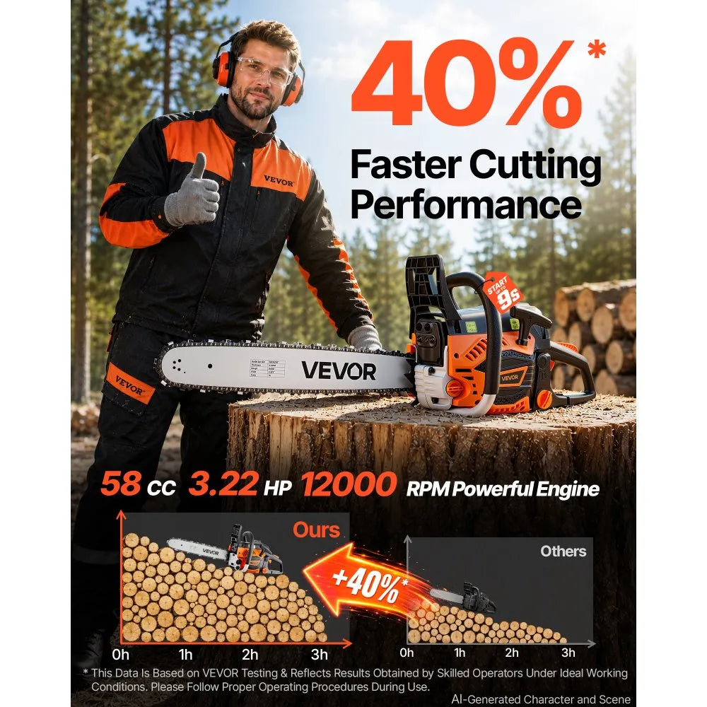 VEVOR Gas Powered Chainsaw 18 & 20 Inch 58CC 3.22HP 2 Stroke Engine Saw, for Wood Cutting, Tree Trimming & Land Clearing, Throttle-Synced Choke, Power Chain Saw with Non-Slip Handle & Dual Tanks