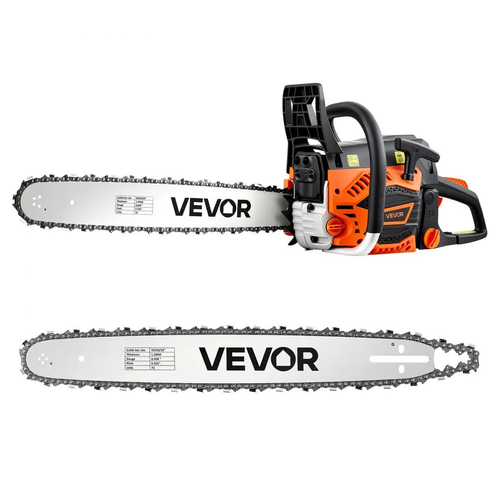 VEVOR Gas Powered Chainsaw 18 & 20 Inch 58CC 3.22HP 2 Stroke Engine Saw, for Wood Cutting, Tree Trimming & Land Clearing, Throttle-Synced Choke, Power Chain Saw with Non-Slip Handle & Dual Tanks