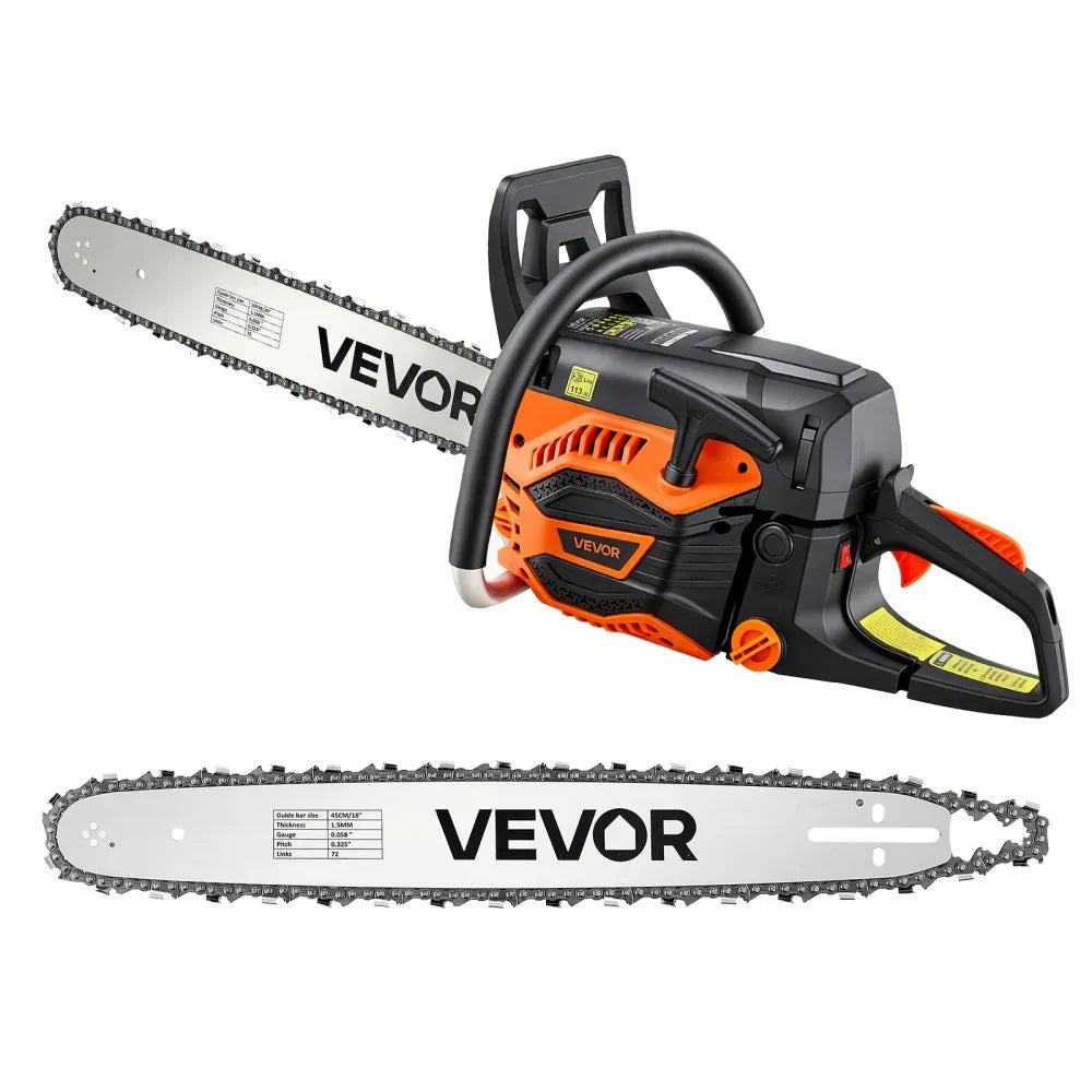 VEVOR Gas Powered Chainsaw 18 & 20 Inch 58CC 3.22HP 2 Stroke Engine Saw, for Wood Cutting, Tree Trimming & Land Clearing, Throttle-Synced Choke, Power Chain Saw with Non-Slip Handle & Dual Tanks