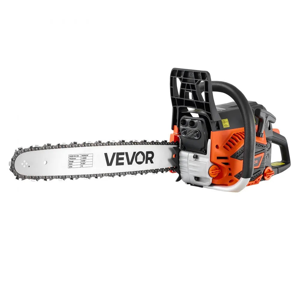 VEVOR Gas Powered Chainsaw 18 Inch 52CC 2.55HP 2 Stroke Engine Gas Chainsaw, for Wood Cutting, Tree Trimming & Land Clearing, Throttle-Synced Choke, Power Chain Saw with Non-Slip Handle & Dual Tanks