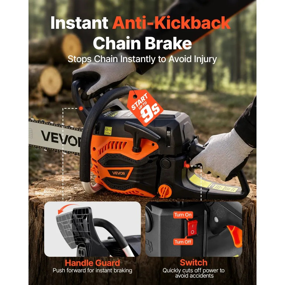 VEVOR Gas Powered Chainsaw 20 & 22 Inch 62CC 3.8HP 2 Stroke Engine Saw, for Wood Cutting, Tree Trimming & Land Clearing, Throttle-Synced Choke, Power Chain Saw with Non-Slip Handle & Dual Tanks