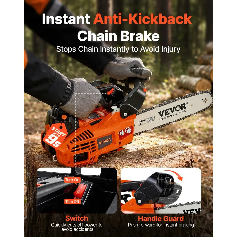 VEVOR Gas Powered Chainsaw 12 Inch 25.4CC 1HP 2 Stroke Engine Gas Chainsaw, for Wood Cutting, Tree Trimming & Land Clearing, Throttle-Synced Choke, Power Chain Saw with Non-Slip Handle & Dual Tanks