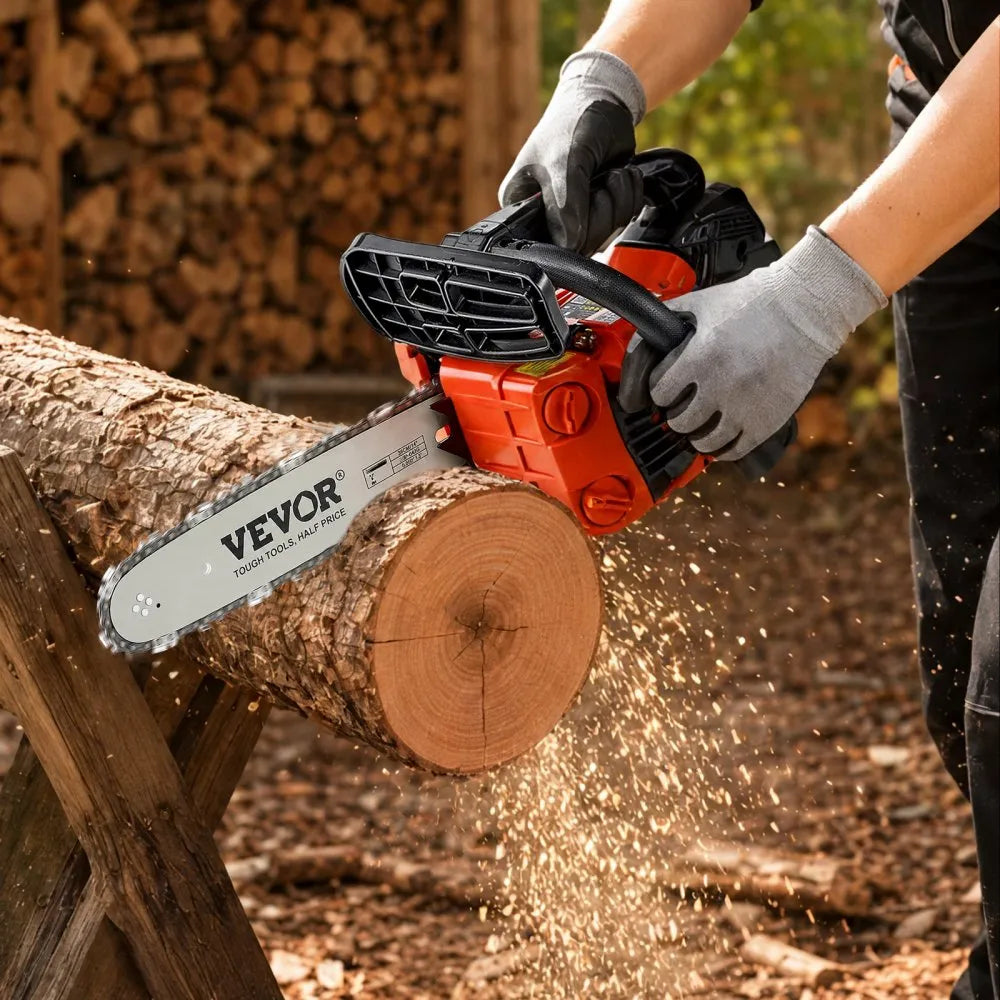 VEVOR Gas Powered Chainsaw 12 Inch 25.4CC 1HP 2 Stroke Engine Gas Chainsaw, for Wood Cutting, Tree Trimming & Land Clearing, Throttle-Synced Choke, Power Chain Saw with Non-Slip Handle & Dual Tanks