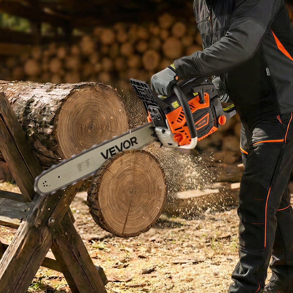 VEVOR Gas Powered Chainsaw 20 Inch 62CC 3.8HP 2 Stroke Engine Gas Chainsaw, for Wood Cutting, Tree Trimming & Land Clearing, Throttle-Synced Choke, Power Chain Saw with Non-Slip Handle & Dual Tanks