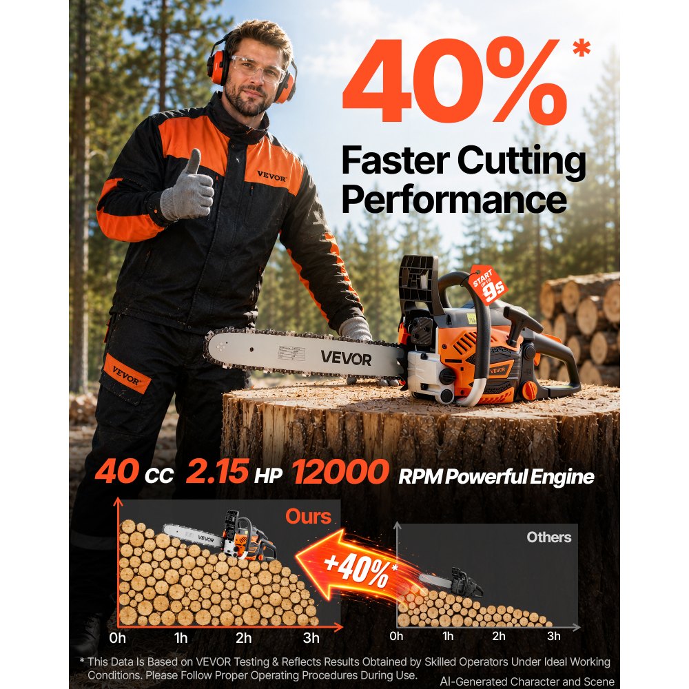 VEVOR Gas Powered Chainsaw 16 Inch 40CC 1.75HP 2 Stroke Engine Gas Chainsaw, for Wood Cutting, Tree Trimming & Land Clearing, Throttle-Synced Choke, Power Chain Saw with Non-Slip Handle & Dual Tanks