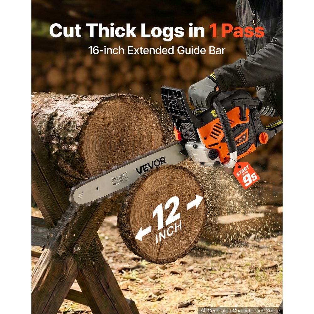 VEVOR Gas Powered Chainsaw 16 Inch 40CC 1.75HP 2 Stroke Engine Gas Chainsaw, for Wood Cutting, Tree Trimming & Land Clearing, Throttle-Synced Choke, Power Chain Saw with Non-Slip Handle & Dual Tanks