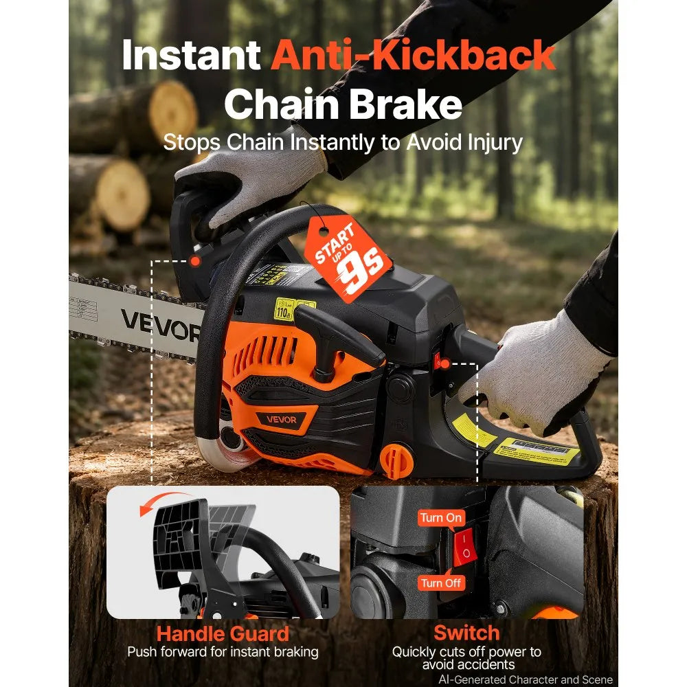 VEVOR Gas Powered Chainsaw 16 Inch 40CC 1.75HP 2 Stroke Engine Gas Chainsaw, for Wood Cutting, Tree Trimming & Land Clearing, Throttle-Synced Choke, Power Chain Saw with Non-Slip Handle & Dual Tanks