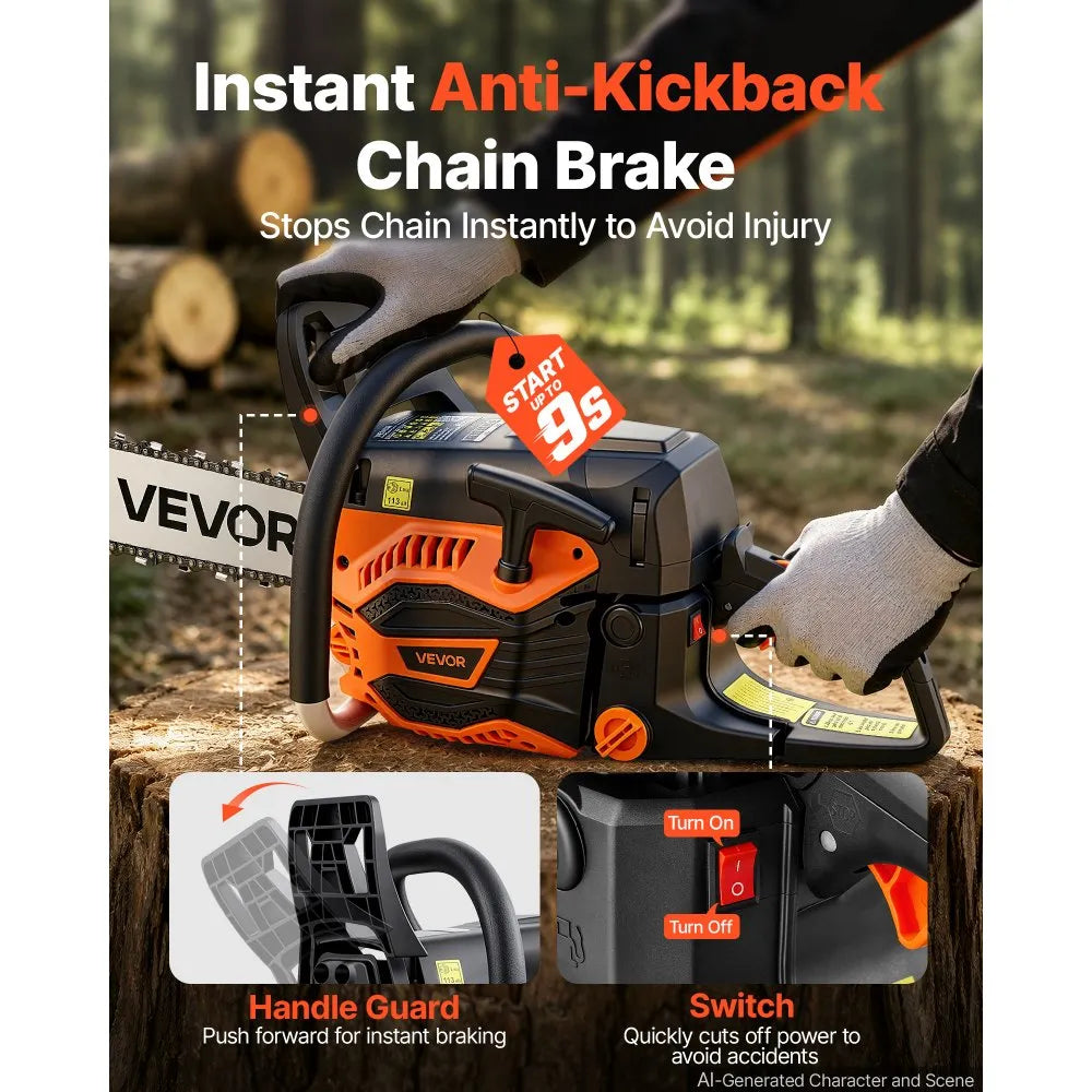 VEVOR Gas Powered Chainsaw 20 Inch 58CC 3.22HP 2 Stroke Engine Gas Chainsaw, for Wood Cutting, Tree Trimming & Land Clearing, Throttle-Synced Choke, Power Chain Saw with Non-Slip Handle & Dual Tanks