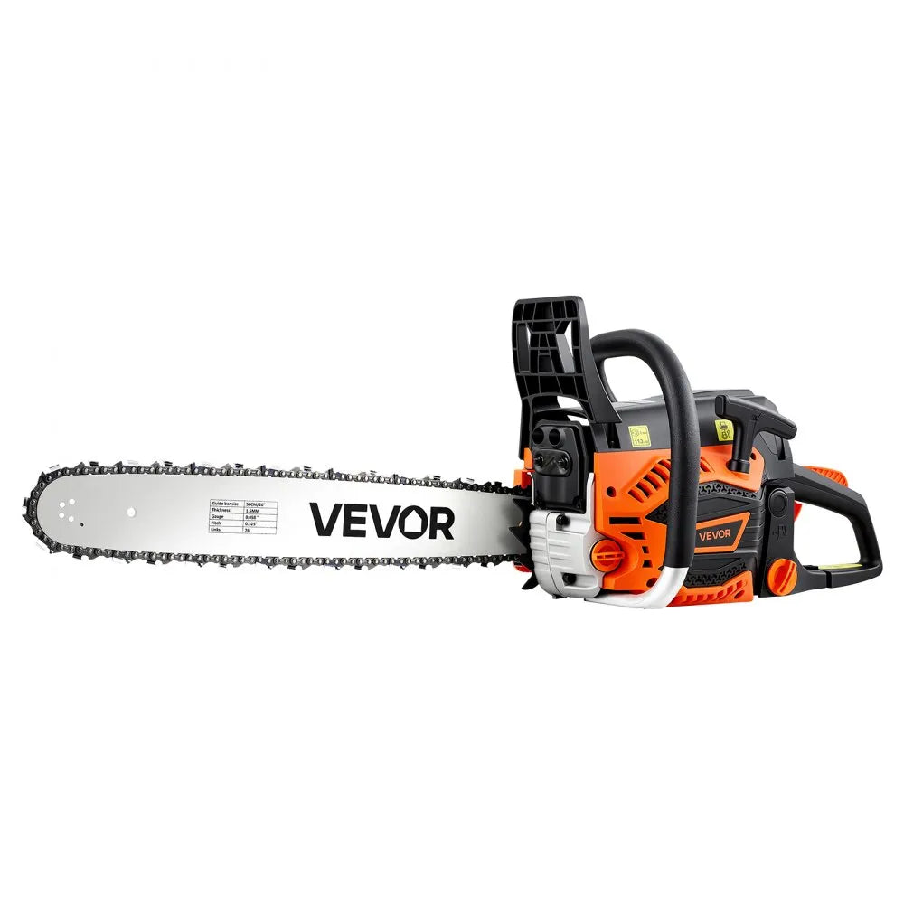 VEVOR Gas Powered Chainsaw 20 Inch 58CC 3.22HP 2 Stroke Engine Gas Chainsaw, for Wood Cutting, Tree Trimming & Land Clearing, Throttle-Synced Choke, Power Chain Saw with Non-Slip Handle & Dual Tanks