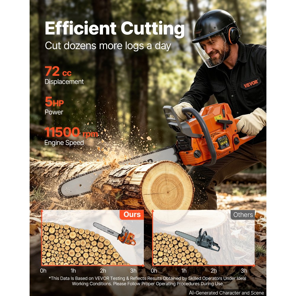 VEVOR Gas Powered Chainsaw 24 Inch 72CC 5HP 2 Stroke Engine Gas Chainsaw, for Wood Cutting, Tree Trimming & Land Clearing, Anti-Kickback Chain Brake, Power Chain Saw with Non-Slip Handle & Dual Tanks