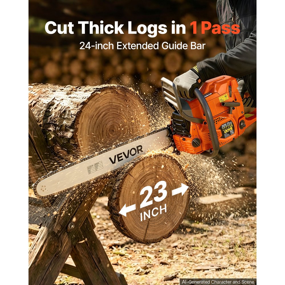 VEVOR Gas Powered Chainsaw 24 Inch 72CC 5HP 2 Stroke Engine Gas Chainsaw, for Wood Cutting, Tree Trimming & Land Clearing, Anti-Kickback Chain Brake, Power Chain Saw with Non-Slip Handle & Dual Tanks