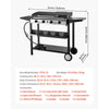 Gas griddle dimension diagram with cooking area, body size, and accessories list