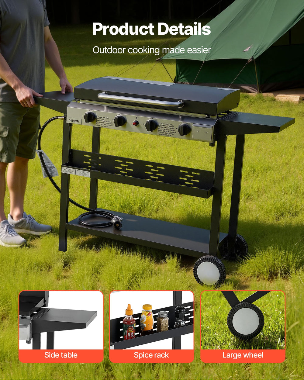Product details view showing side table, spice rack, and large wheels
