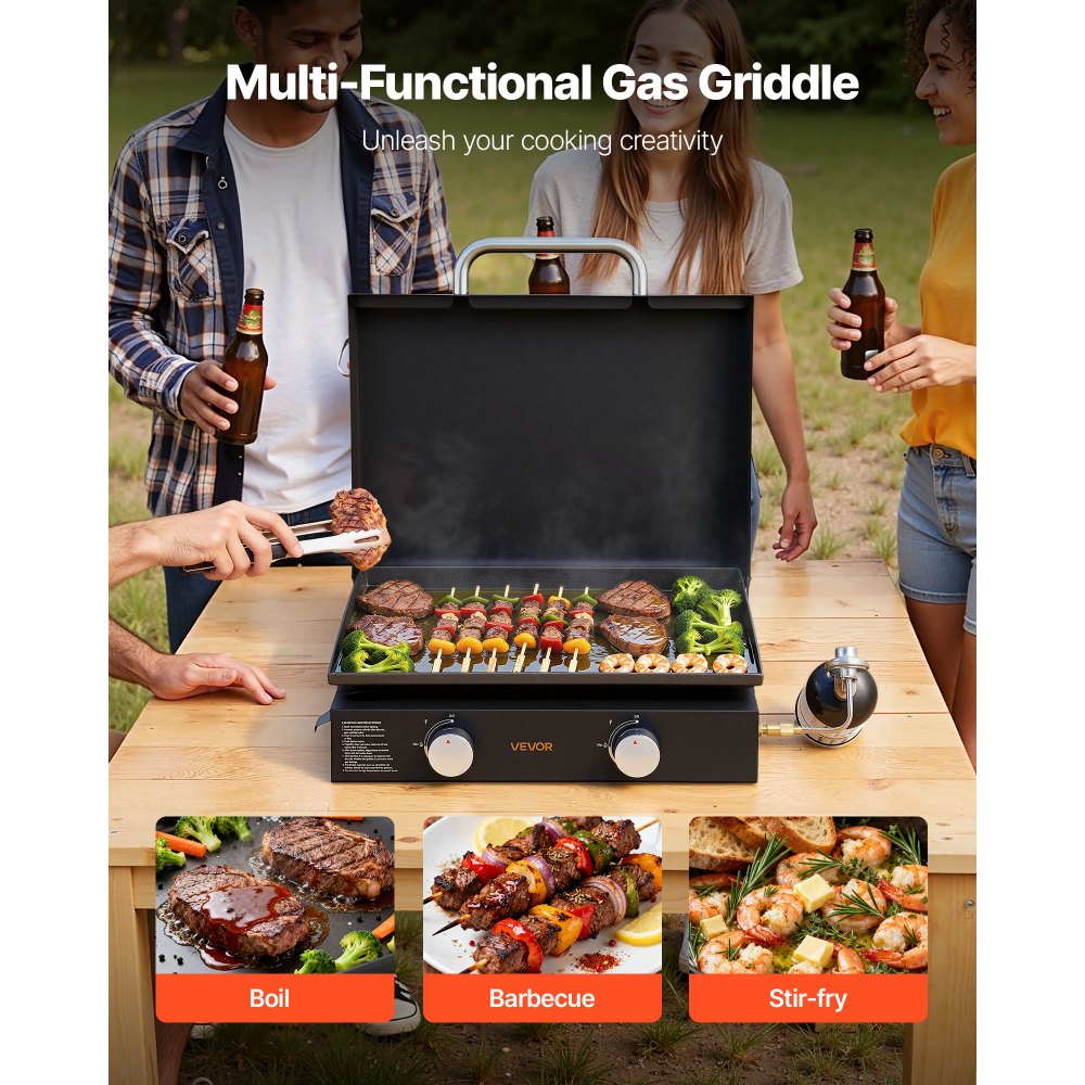VEVOR Gas Griddle, 2 Burner Tabletop Griddle, 22 inch Portable Griddles Propane with Lid, Oil Drain Hole & Oil Collection Tray, 2 x 11000BTU Camping Flat Top Grill for Outdoor Cooking, Tailgating