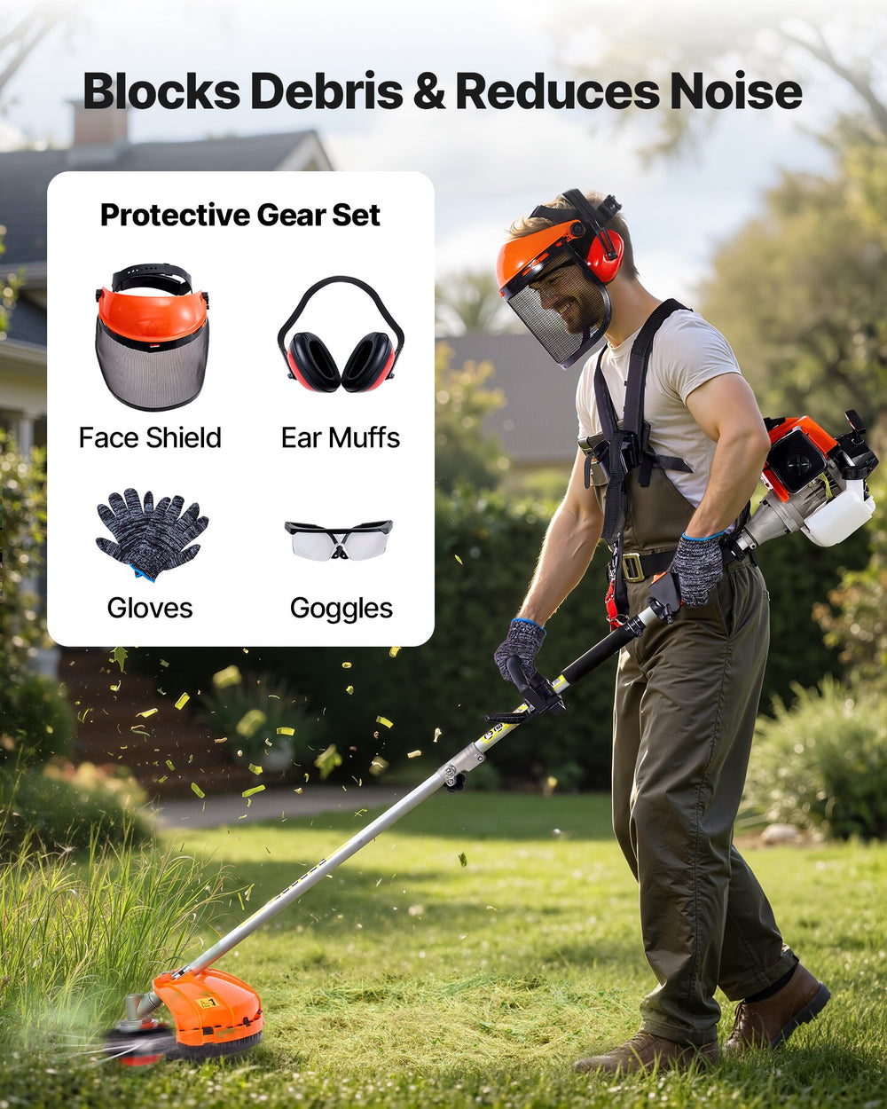 VEVOR Gas Hedge Trimmer, 2 Cycle Gas Power Handheld Hedge Trimmer, 5-in-1 63cc Cordless Weed Eater with Protective Gear Set, Includes Hedge and String Trimmer, Brush Cutter(3T & 40T Blades), Pole Saw
