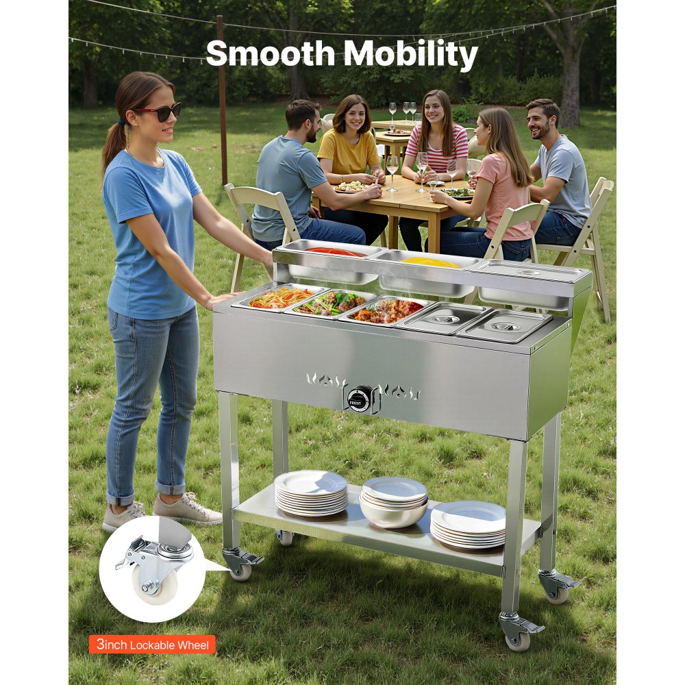 VEVOR propane steam table on wheels in outdoor use scene (smooth mobility)