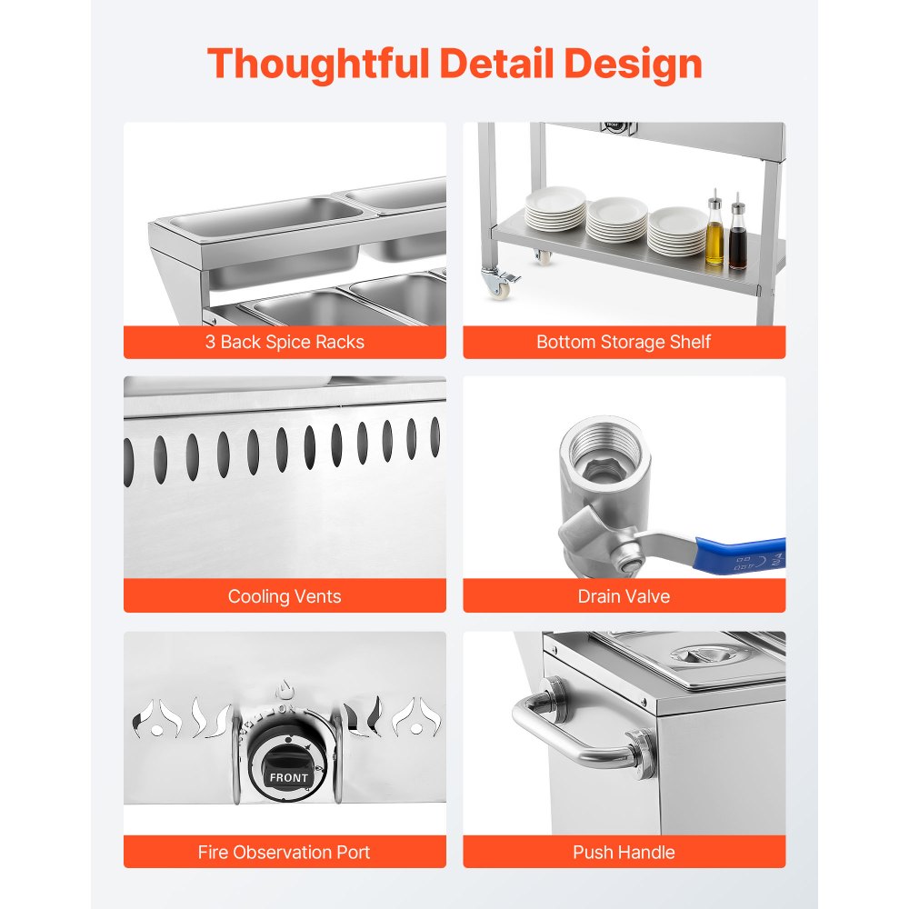 VEVOR propane steam table thoughtful detail design (spice racks, storage shelf, vents, drain valve, push handle)
