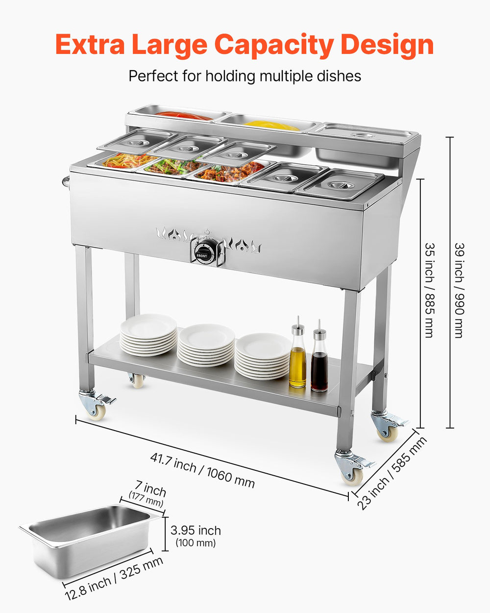 VEVOR propane steam table food warmer capacity and overall dimensions diagram