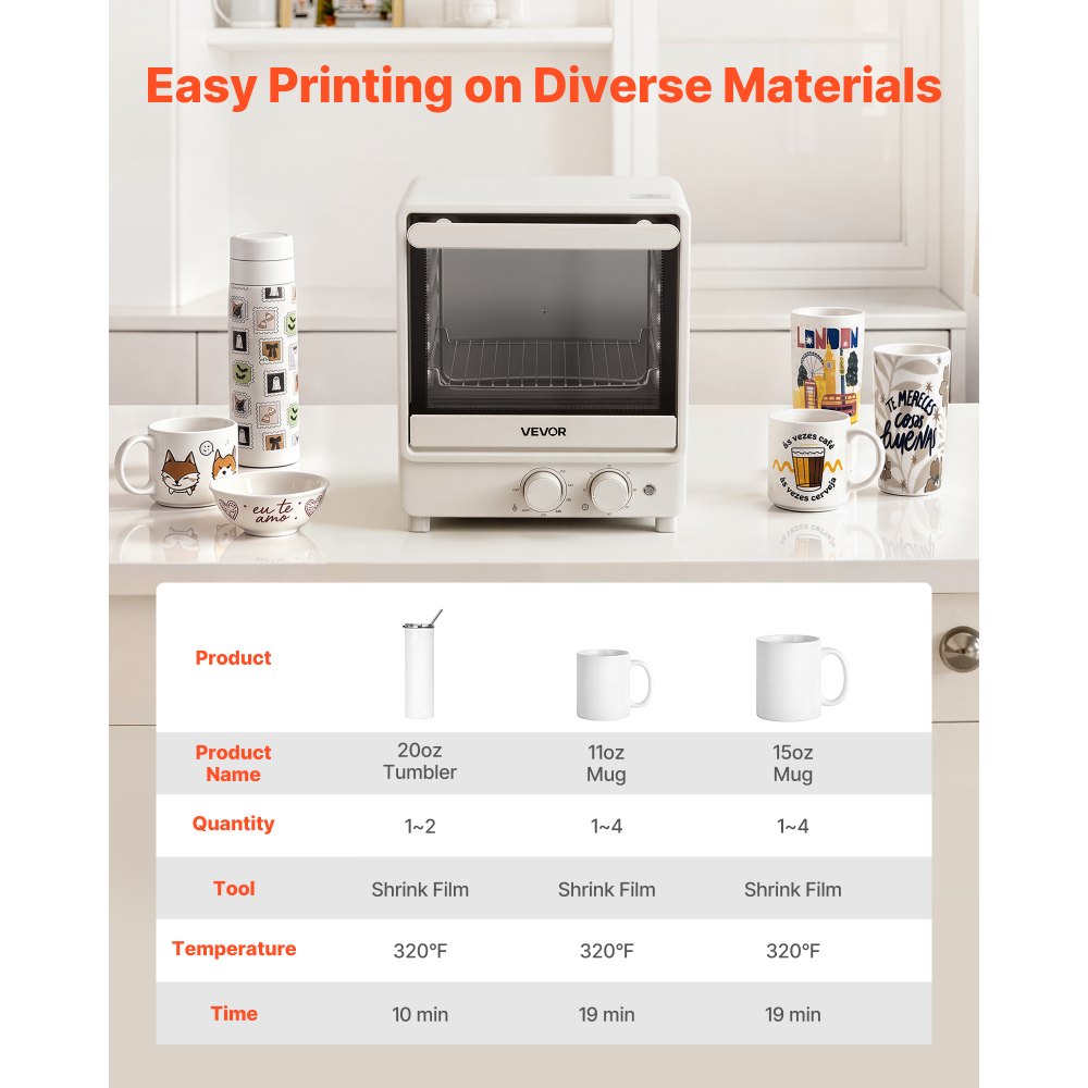 VEVOR Sublimation Oven Machine 13 Qt Fits 20oz Tumblers Convection Oven, for Sublimation Blank Tumblers, Mugs, Bowls, 360° Even Heating, with 50 Shrink Films, 1 Tape and 2 Heat-Resistant Gloves