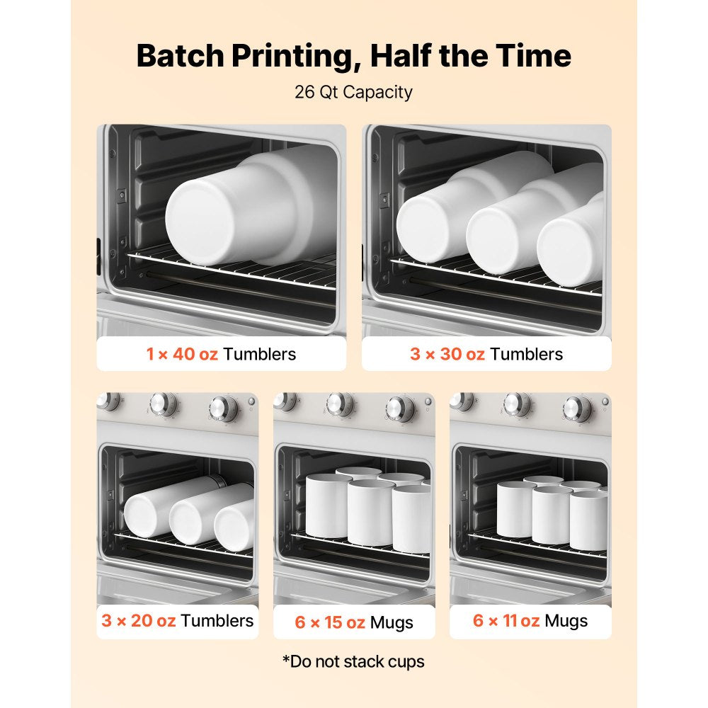 VEVOR Sublimation Oven Machine, 26 Qt, Fits 40oz Tumblers, with 50 Shrink Films, 1 Tape and 2 Heat Gloves, 360° Turbo Convection for Sublimation Blank Tumblers, Mugs, Bowls, Off-White