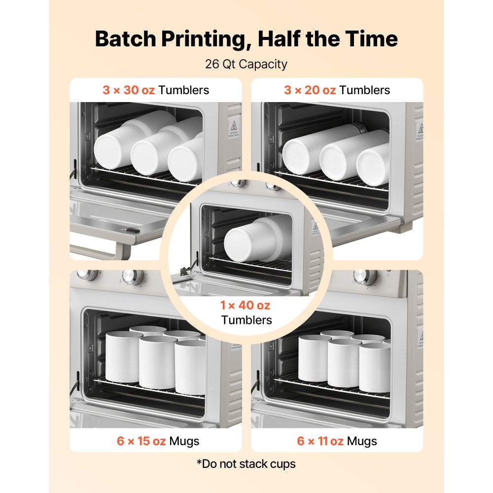 VEVOR Sublimation Oven Machine 26 Qt Fits 40oz Tumblers Convection Oven, for Sublimation Blank Tumblers, Mugs, Bowls, 360° Even Heating, with 50 Shrink Films, 1 Tape and 2 Heat-Resistant Gloves