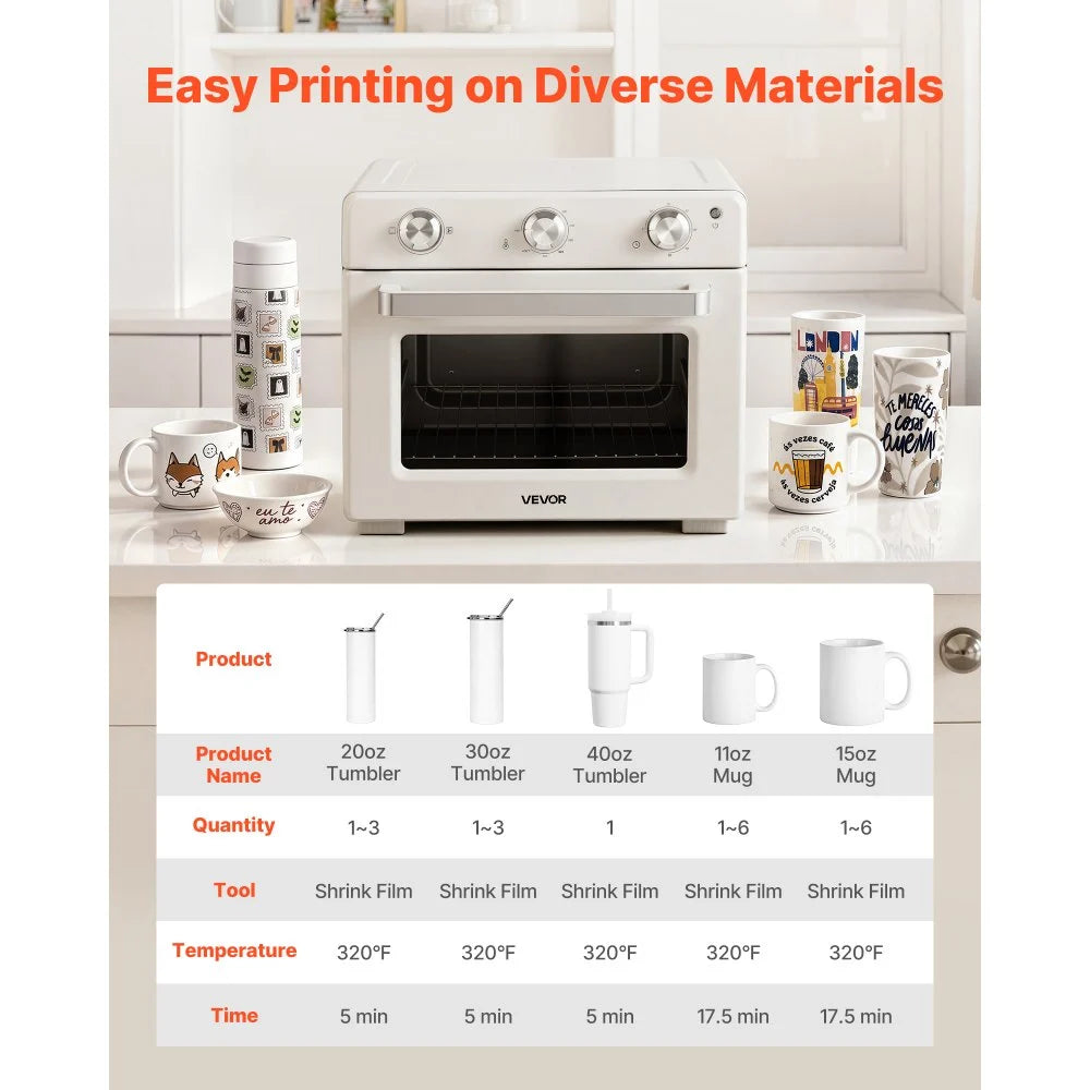 VEVOR Sublimation Oven Machine 26 Qt Fits 40oz Tumblers Convection Oven, for Sublimation Blank Tumblers, Mugs, Bowls, 360° Even Heating, with 50 Shrink Films, 1 Tape and 2 Heat-Resistant Gloves