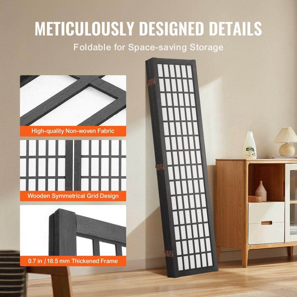 VEVOR Room Divider, 6 Panel Japanese Room Divider, Folding Privacy Screen Indoor, Portable Partition Dividers and Decoration Screens, for Room Separation, Home, Office, Restaurant & Bedroom (Black)