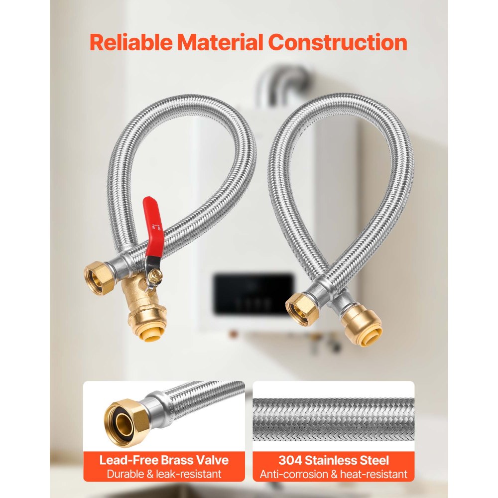 VEVOR Water Heater Kit, Push-Fit Valve Flexible Water Heater Connector with 3/4" FIP x 3/4" PTC Ball Valve, Stainless Steel Braided Waters Heaters Supply Line for Bathroom, Kitchen, Laundry Room