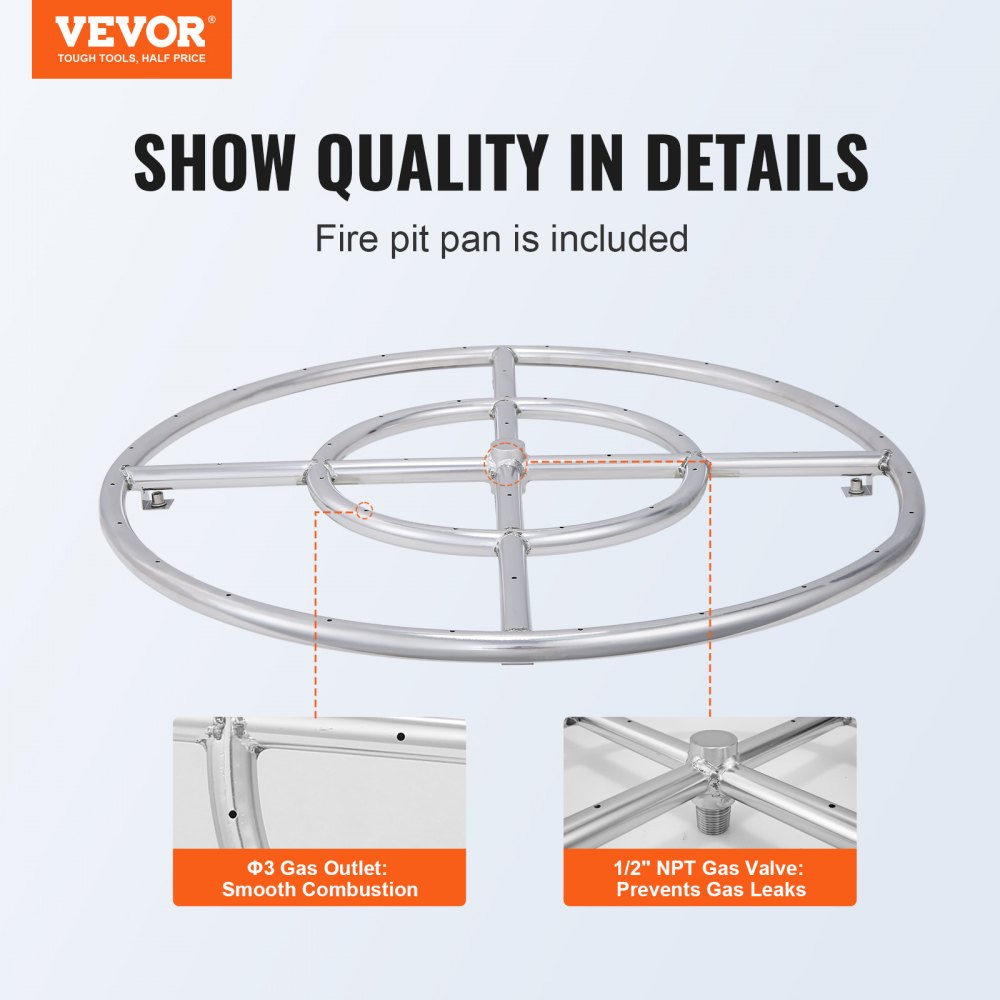 VEVOR 24 inch Round Drop-in Fire Pit Pan, Stainless Steel Fire Pit Burner, Natural & Propane Gas Fire Pan 92,000 BTU, for Indoor or Outdoor Use