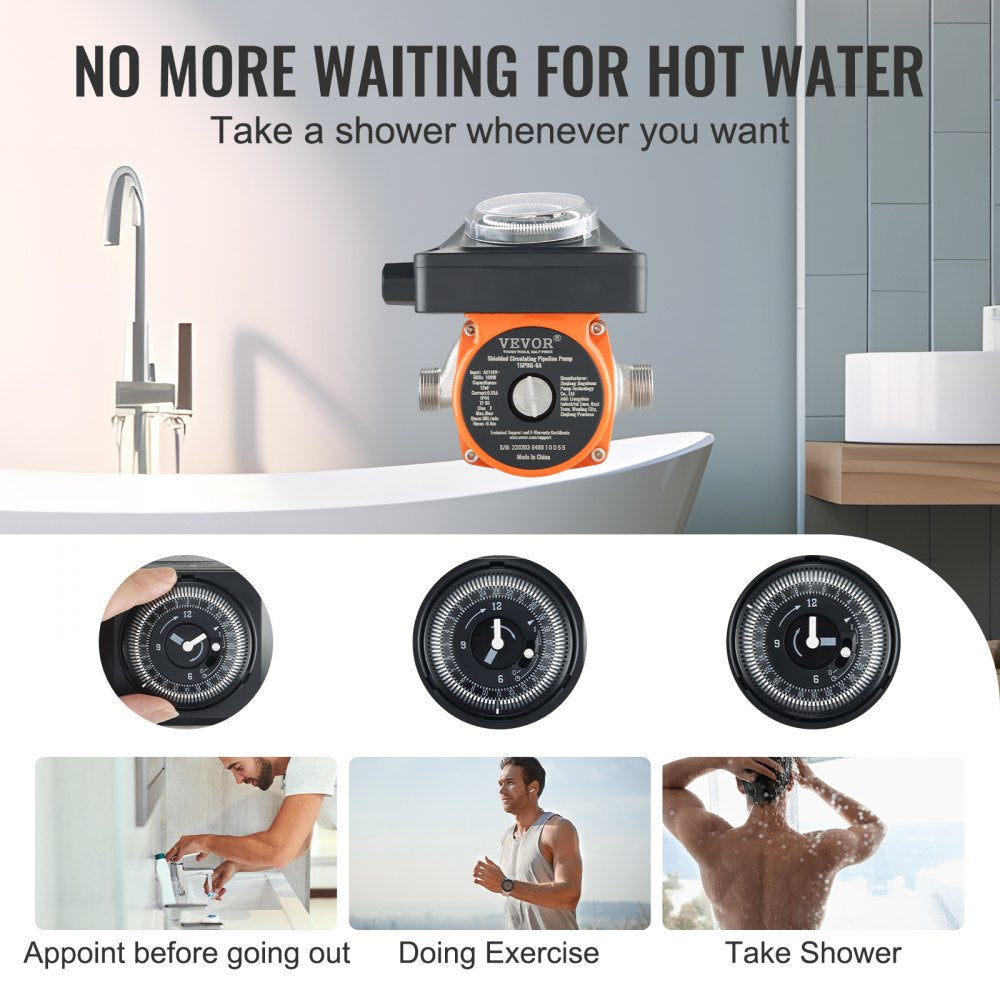 VEVOR Hot Water Recirculating Pump, 100W Water Circulator Pump, Auto Start/Close Ultra-silent Stainless Steel Head Circulation, for Electric Water Heater System/Facuet/Showerhead Circulation
