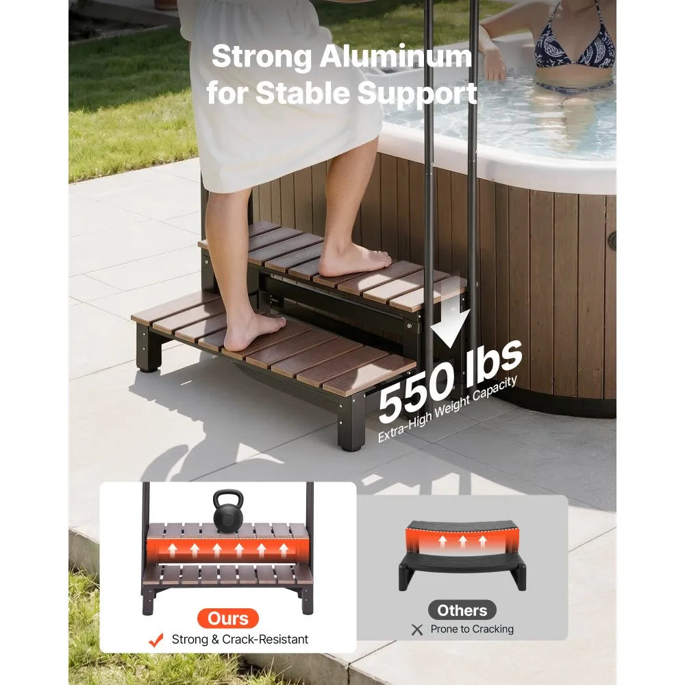 VEVOR Hot Tub Steps with Handrail 2-Step Spa Outdoor Stairs 550lbs Capacity, 32.3in Wide Step, Steel & Plastic, Easy Assembly, Non-Slip Step Ladder for Above-Ground/Inflatable Pool, RV,Patio,Deck