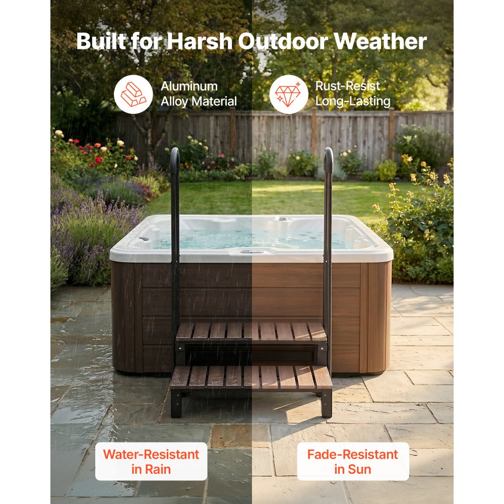 VEVOR Hot Tub Steps with Handrail 2-Step Spa Outdoor Stairs 550lbs Capacity, 32.3in Wide Step, Steel & Plastic, Easy Assembly, Non-Slip Step Ladder for Above-Ground/Inflatable Pool, RV,Patio,Deck