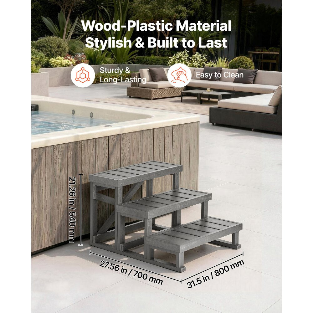 VEVOR Hot Tub Steps 3-Step Spa Stairs 27.5 in Wide Step Ladder Outdoor, 350 lbs Capacity, Sturdy HIPS Plastic, Non-Slip Foot Pads, Easy Assembly, Stable Access for Pool, RV, Home Patio and Backyard