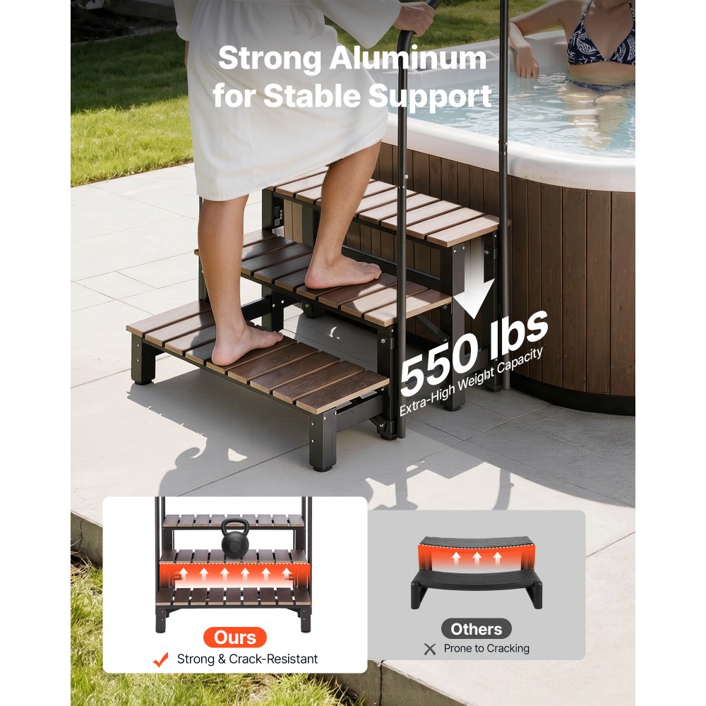 VEVOR Hot Tub Steps with Handrail 3-Step Spa Outdoor Stairs 550lbs Capacity, 32.3in Wide Step, Steel & Plastic, Easy Assembly, Non-Slip Step Ladder for Above-Ground/Inflatable Pool, RV,Patio,Deck