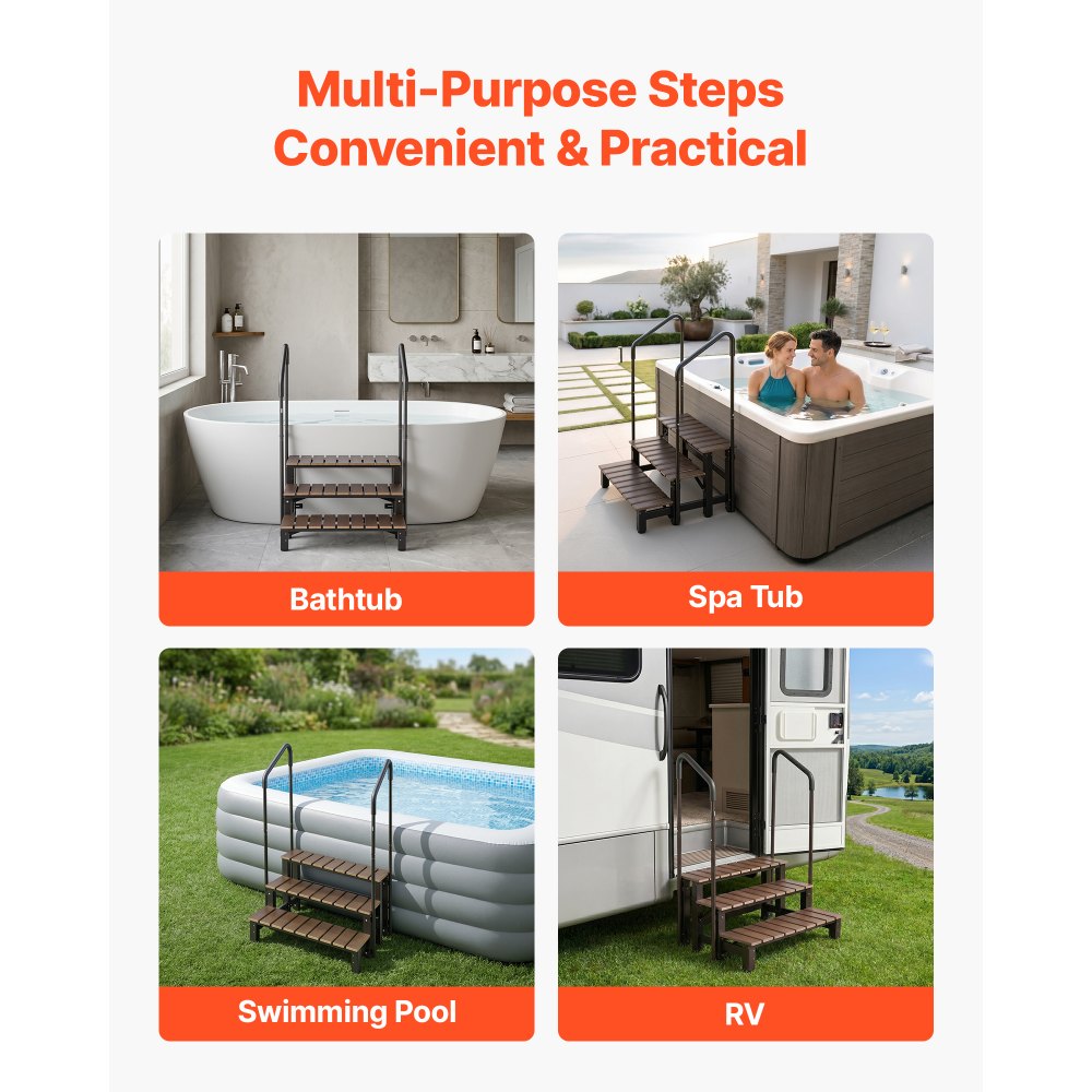 VEVOR Hot Tub Steps with Handrail 3-Step Spa Outdoor Stairs 550lbs Capacity, 32.3in Wide Step, Steel & Plastic, Easy Assembly, Non-Slip Step Ladder for Above-Ground/Inflatable Pool, RV,Patio,Deck