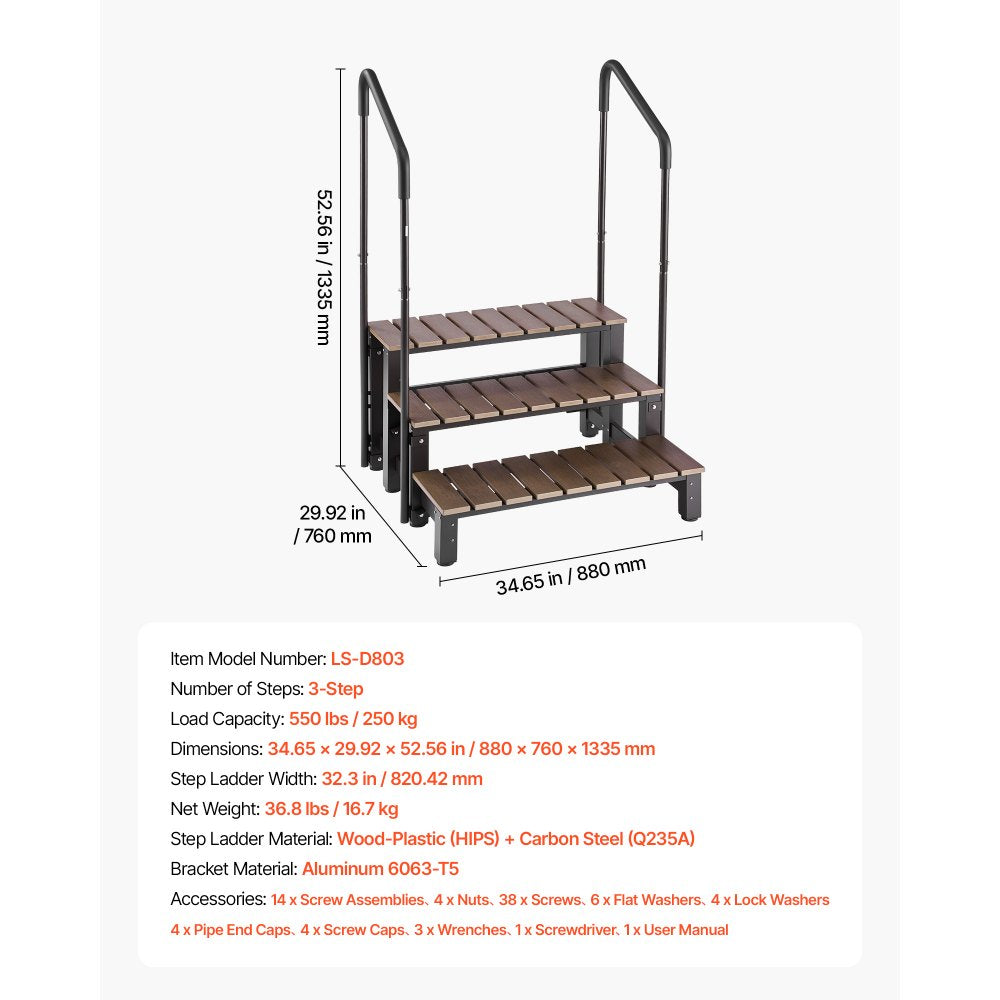 VEVOR Hot Tub Steps with Handrail 3-Step Spa Outdoor Stairs 550lbs Capacity, 32.3in Wide Step, Steel & Plastic, Easy Assembly, Non-Slip Step Ladder for Above-Ground/Inflatable Pool, RV,Patio,Deck